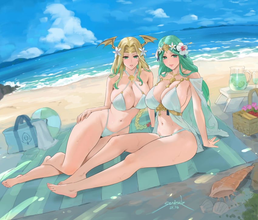 2girls alternate_costume beach bikini breasts cleavage commentary dual_persona english_commentary female female_only fire_emblem fire_emblem:_three_houses fire_emblem_heroes flower green_eyes green_hair hair_flower hair_ornament highres large_breasts long_hair multiple_girls nintendo ocean official_alternate_costume outdoors rhea_(fire_emblem) rhea_(summer)_(fire_emblem) seiros_(fire_emblem) sendo_(sendrawz) sendrawz swimsuit time_paradox white_bikini white_swimsuit