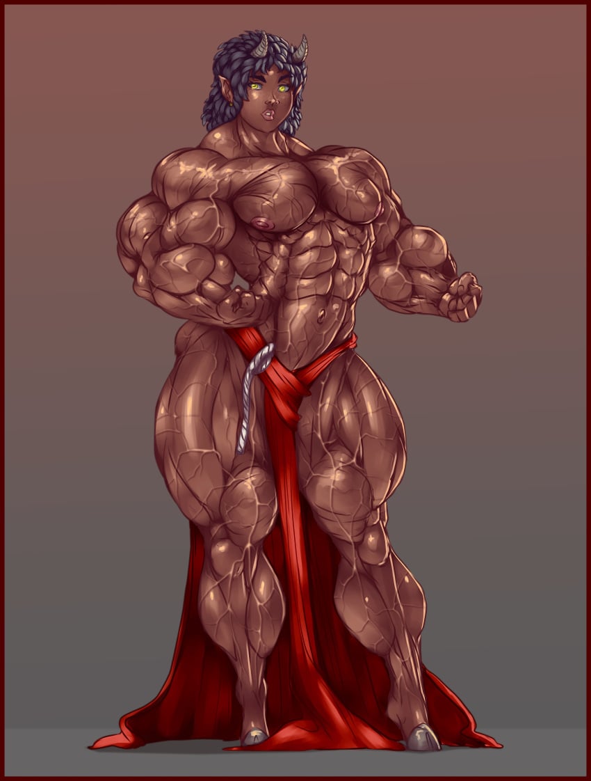 abs b9tribeca bare_shoulders biceps black_hair dark-skinned_female extreme_muscles faun female green_eyes hooves horns looking_at_viewer monster_girl muscles muscular muscular_female navel nipples pecs pointy_ears solo thick_thighs thighs