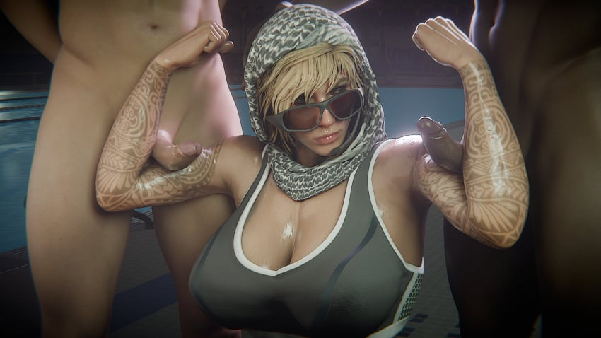 1girls 2boys 3d bicepjob biceps blonde_hair female female_focus male penis rainbow_six rainbow_six_siege tagme tattoo udon_noodle3d valkyrie_(rainbow_six)