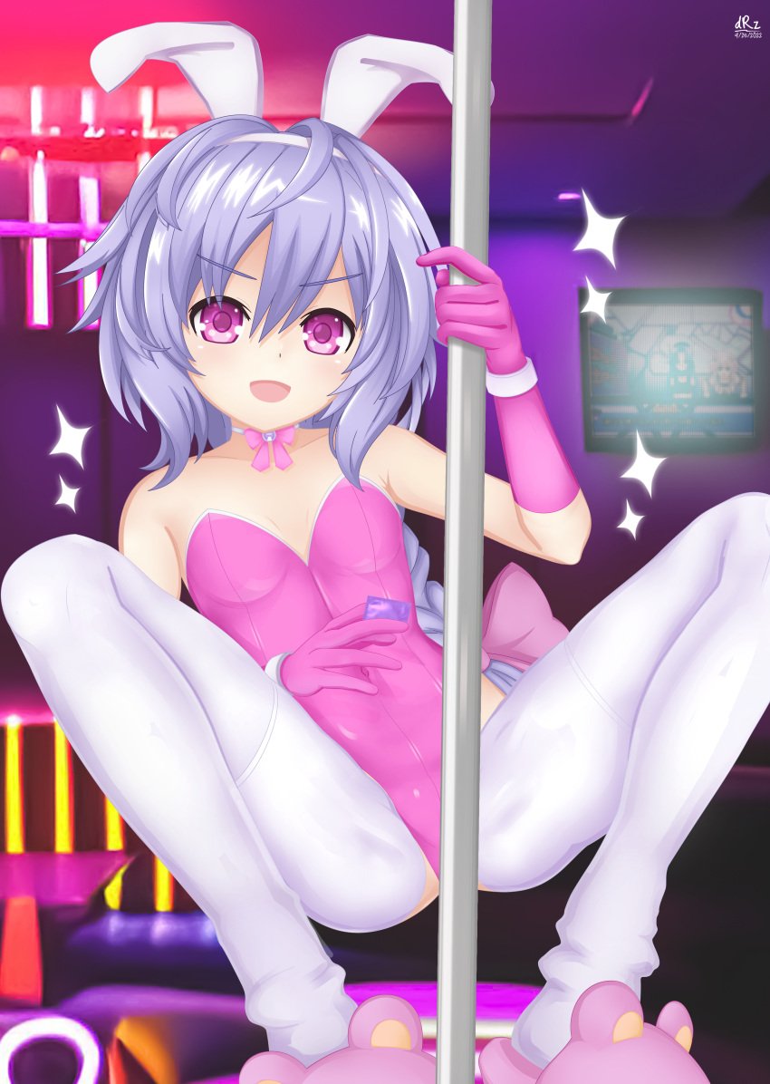 bare_shoulders bowtie bunny_ears bunnysuit clothed condom condom_wrapper dhiparizky flat_chest front_view gloves hi_res legs_apart leotard light-skinned_female looking_at_viewer neptunia_(series) open_mouth petite pink_eyes plutia pose presenting purple_hair skin_tight small_breasts solo spread_legs stockings stripper_pole