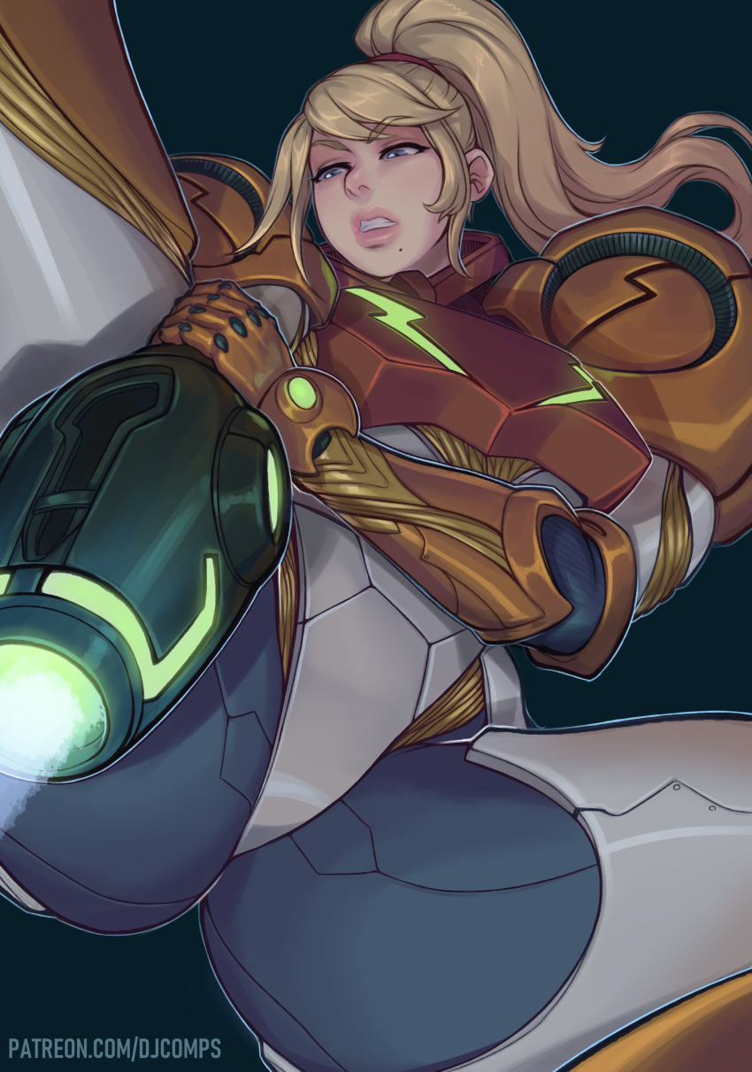 1girls 2d 2d_(artwork) armor ass blonde_hair blue_eyes breasts female female_focus female_only fizzz hi_res high_resolution highres large_breasts metroid nintendo power_armor power_suit samus_aran sarah_bryant simple_background solo solo_female solo_focus