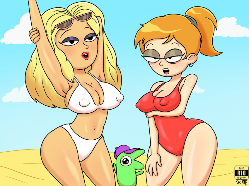 2girls adult_swim beach bikini cap earrings glep_(smiling_friends) light-skinned_female light_skin looking_at_viewer marge_simpson_(smiling_friends) multiple_girls oiled_body orange_hair smiling_friends sr_r18nsfw sunglasses sunglasses_on_head sunlight swimsuit zoey_(smiling_friends)