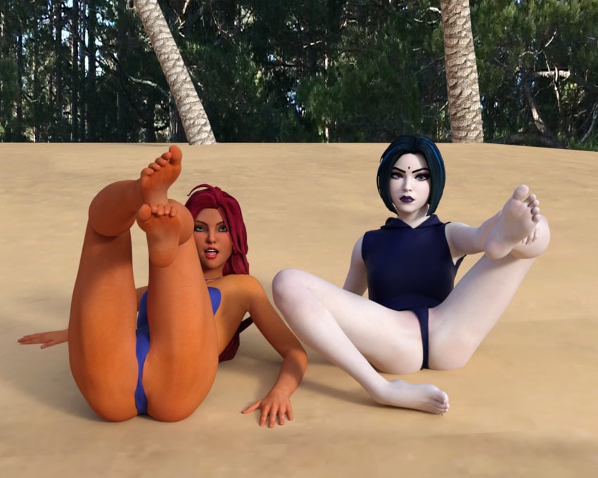 3d bare_legs barefoot beach beast_boy breasts breasts_bigger_than_head cleavage dominatrix feet female female_domination female_only femdom foot_fetish foot_focus foot_lick foot_play foot_sniffing foot_worship footdom ginger huge_breasts humiliation legs legs_crossed pov_feet raven_(dc) sitting slave sole_female solemann soles starfire teen_titans terra_(dc) toes tropical