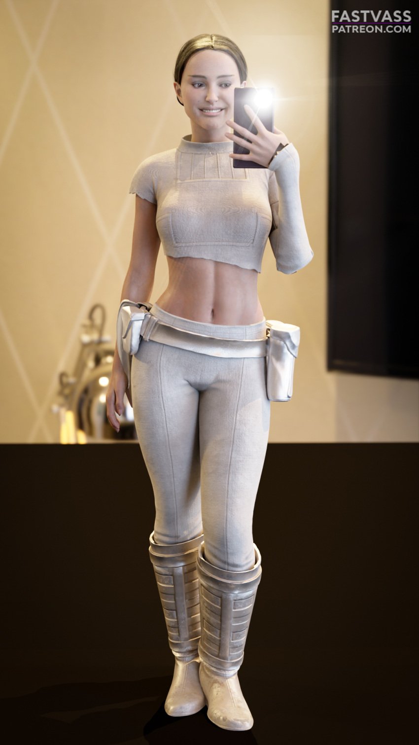 1girls 3d attack_of_the_clones background boots brown_hair camera_flash clothed clothed_female clothing eyes female female_only footwear front_view full_body fully_clothed happy human human_only light-skinned_female light_skin midriff mirror_selfie navel open_eyes padme_amidala pants phone pose reflection selfie shirt shoes smile solo solo_female solo_focus standing star_wars taking_picture teeth tied_hair torn_clothes torn_shirt torn_sleeve white_clothing