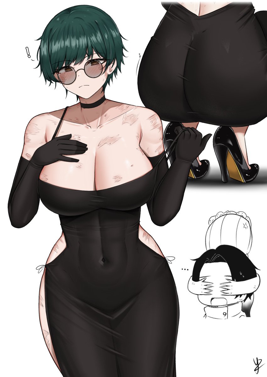 big_breasts black_dress blush breasts breasts_out burn_scar choker eyeliner female glasses gloves green_hair hand_on_breast heels high_heels jujutsu_kaisen male okkotsu_yuta orimoto_rika scar shades short_hair showing_off yukaraishin yuta_okkotsu zenin_maki