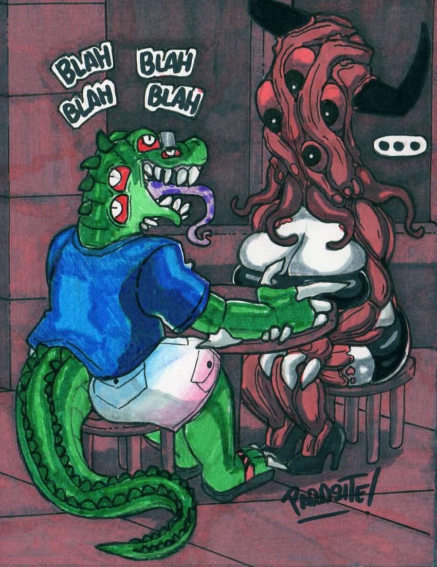 1boy 1girls 2024 2d_(artwork) alligator artist_name artist_signature clothed commission date demon digital_drawing_(artwork) drawing eldritch_horror female graphite_(artwork) heels horns male marker_(artwork) megatoxic22 monster monster_girl nightmare_waifu oc original_character parasitedeath sandals shirt shorts signature text