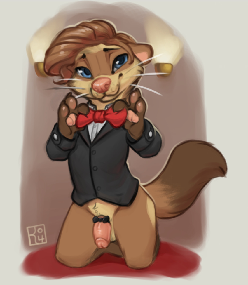 balls barnaby_kane bedroom_eyes bottomless bow_tie butler clothed clothing cock_ring ferret flaccid half-closed_eyes happy kneeling male male_only mammal mustelid naughty_face partially_clothed penis pink_nose pinup pose red_carpet reign-2004 seductive solo suit whiskers