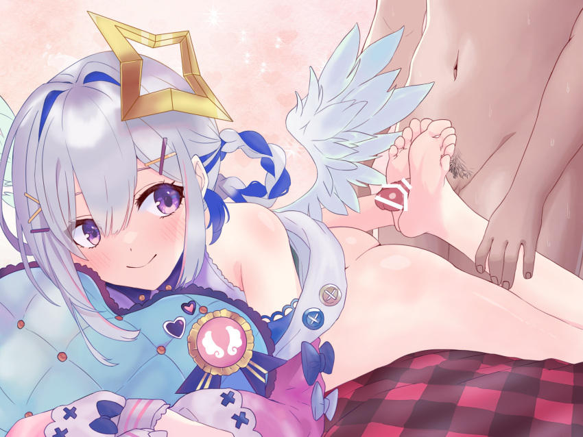 1boy 1girls amane_kanata angel_wings ass bar_censor bare_legs bare_shoulders barefoot bed_sheet blue_bow blue_hair bottomless bow braided_hair_rings censored closed_mouth detached_sleeves erection feet female foot_focus foot_pussy footjob grey_hair hair_between_eyes hair_intakes hair_ornament hair_ribbon hair_rings hairclip halo hand_on_another&#039;s_leg heart heart-shaped_pillow highres hololive hugging_object light_blush long_sleeves looking_at_viewer lying male_pubic_hair multicolored_hair on_stomach paingoro penis pillow pillow_hug pink_sleeves pointless_censoring pubic_hair purple_eyes reverse_footjob ribbon shirt sidelocks sideways_glance sleeve_bow sleeveless sleeveless_shirt smile soles solo_focus star_halo straight streaked_hair toes two-footed_footjob two-tone_hair virtual_youtuber wings x_hair_ornament