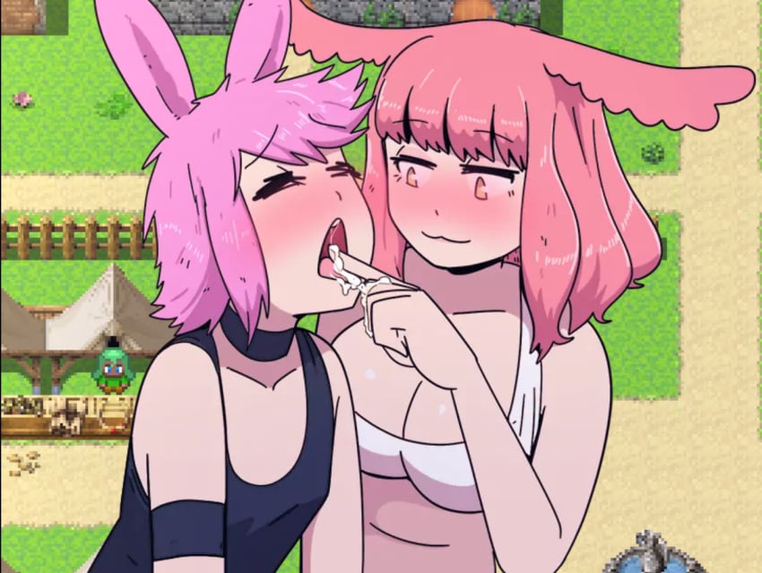 1boy 1girls blush bunny bunny_ears cum cum_feeding cum_in_mouth finger_in_another's_mouth ntr_bunnies_rpg oppai pink_hair sunny_(wolfgang_bang) tommy_(wolfgang_bang) trap underwear