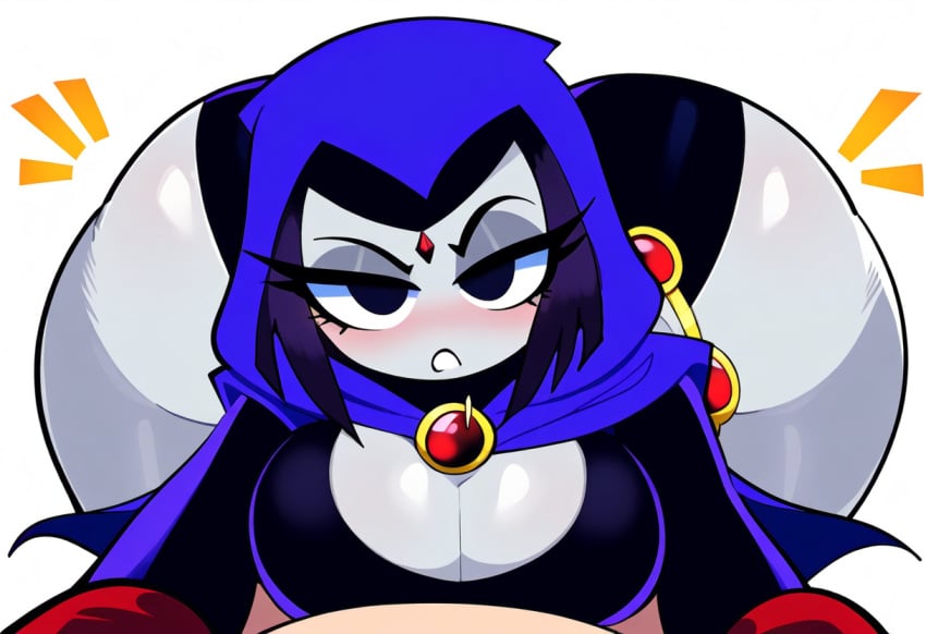 1boy 1girls ai_generated all_fours ass bent_over big_ass big_breasts big_butt blush chibi cleavage cloak clothed dc dc_comics female female_focus forehead_jewel goth_girl grey_body half-closed_eyes hi_res highres hood hood_up huge_ass large_ass looking_at_viewer mullon novelai pov purple_hair rachel_roth raven_(dc) thick_thighs voluptuous wide_hips