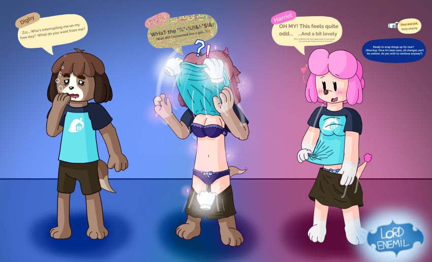angry animal_crossing blue_t-shirt blush brown_hair brown_pants brown_skirt digby_(animal_crossing) disembodied_hand disembodied_hands dot_eyes gender_transformation harriet_(animal_crossing) lord-enemil male_to_female mtf_transformation pants_down pink_hair poodle poofy_hair purple_bra purple_panties purple_underwear sequence shirt shirt_lift skirt sleepy surprise_transformation tail text transformation transformation_sequence