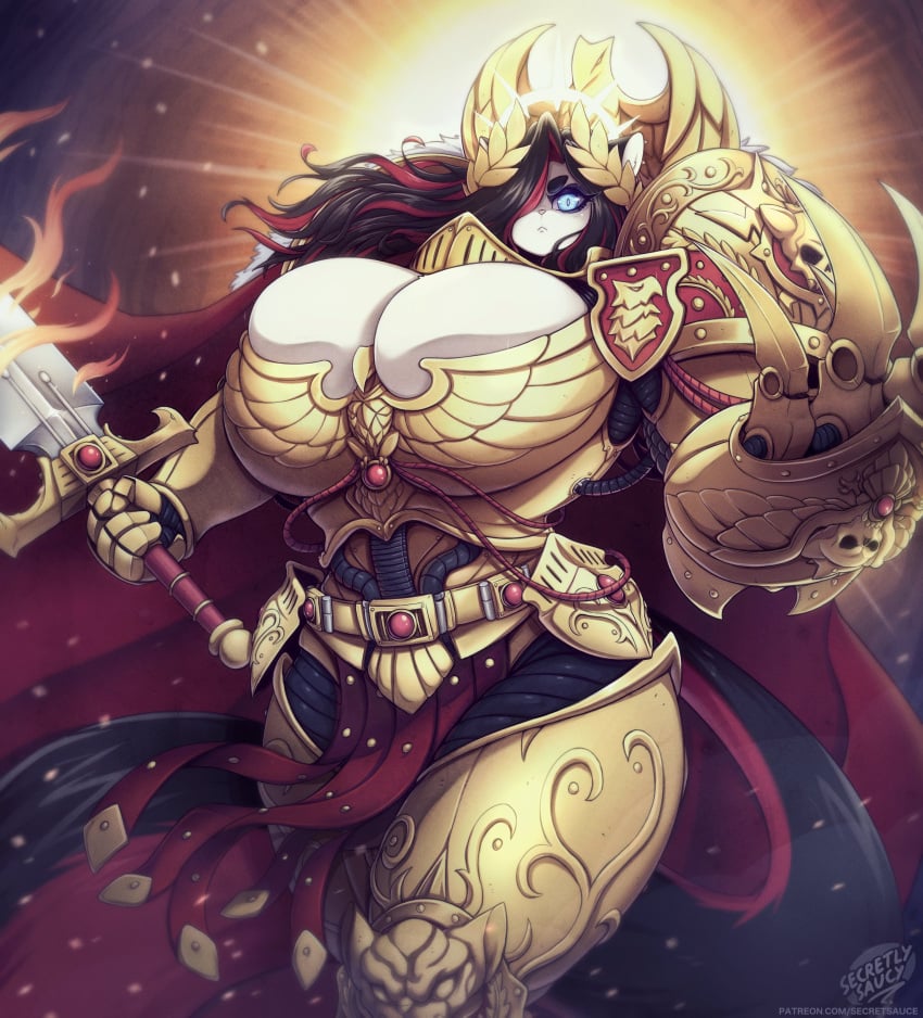 1girls anthro armor big_breasts black_hair blue_eyes cosplay crossover domestic_cat felid feline female female_only god-emperor_of_mankind gold_(metal) gold_armor hair_over_one_eye huge_breasts imperium_of_man long_hair looking_at_viewer nikki_(secretly_saucy) red_hair rule_63 secretly_saucy slit_pupils solo sword thick_thighs two_tone_hair very_high_resolution warhammer_(franchise) warhammer_40k