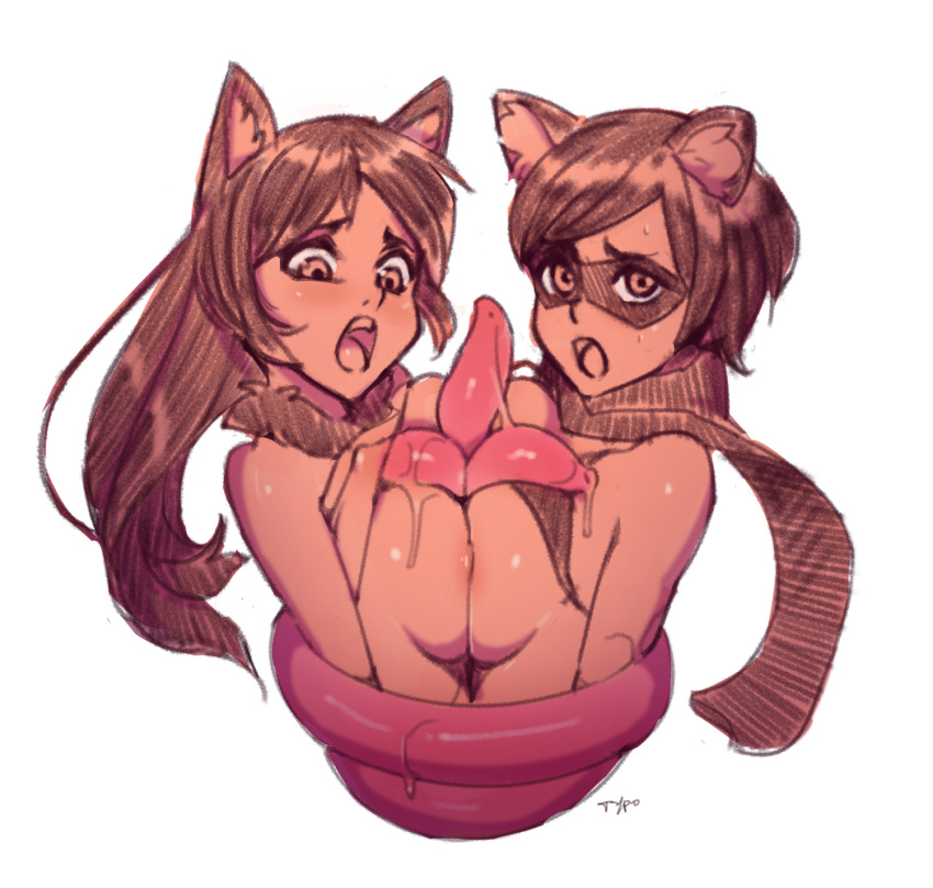 2girls animal_ears between_breasts bound_together breasts breasts_frottage breasts_to_breasts bunny_and_fox_world cryska female humanoid large_breasts nipples nude optionaltypo pockets_(dicknation) procyonid raccoon_ears restrained_by_tentacles scarf sketch symmetrical_docking tentacle tentacle_around_waist tentacle_between_breasts upper_body wolf_ears