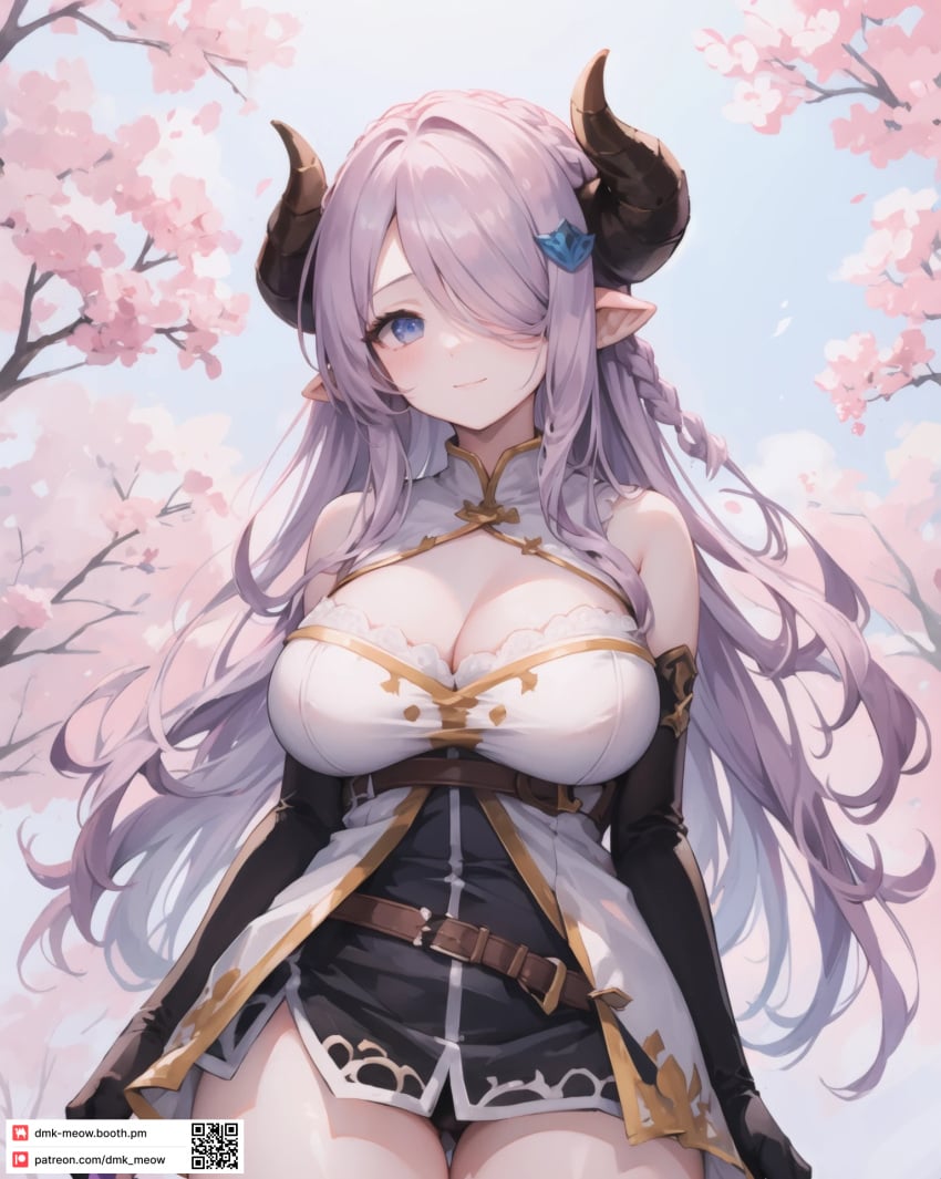 ai_generated bare_shoulders belt black_gloves blue_eyes blush braid breasts cherry_blossoms cleavage cleavage_cutout closed_mouth cowboy_shot dmk_meow draph dress elbow_gloves female gloves granblue_fantasy hair_ornament hair_over_one_eye horns large_breasts long_hair looking_at_viewer narmaya_(granblue_fantasy) outdoors panties pointy_ears purple_hair short_dress single_braid sleeveless smile solo thighs underwear very_long_hair