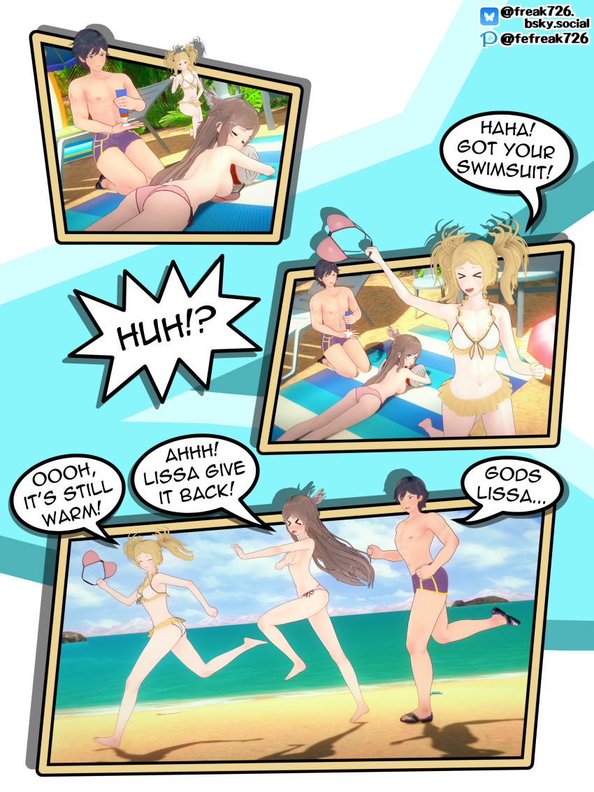 >_< 1boy 2girls 3koma alternate_costume applying_sunscreen ass assisted_exposure bare_arms bare_legs bare_thighs beach beach_chair big_ass bikini blonde_hair blue_eyes blue_hair blush breast_press breasts brown_eyes brown_hair chasing chaur chrom_(fire_emblem) comic covering covering_breasts embarrassed embarrassed_nude_female enf english_text feather_hair_ornament feathers fefreak726 female female_pervert fire_emblem fire_emblem_awakening hair_ornament humiliation kneeling legs lissa_(fire_emblem) long_hair lotion male male_swimwear medium_breasts medium_hair multiple_girls nintendo ocean on_stomach on_towel open_mouth outdoors parasol pervert pillow pink_bikini pink_swimsuit running shocked short_hair small_breasts smile stealing stealing_clothes stolen_bikini stolen_swimsuit sumia_(fire_emblem) sunscreen swim_trunks swimsuit text thighs topless towel twintails very_long_hair white_bikini white_swimsuit wide_eyed yellow_bikini yellow_hair yellow_swimsuit