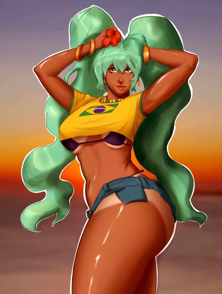 arms_up bare_midriff beach bikini bikini_tan blue_eyes bracelet brazil brazilian brazilian_female brazilian_miku busty crop_top daisy_dukes denim_shorts female female_focus female_only flower_in_hair hatsune_miku himerostechne hourglass_figure jean_shorts long_hair navel navel_piercing necklace outdoors outside piercing pinup pinup_pose short_shorts t-shirt tagme tan tan_body tan_skin tanline thong_bikini tongue tongue_out tongue_piercing twintails vocaloid wide_hips