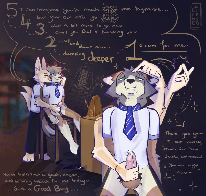 anthro austin_(akkobold) bodily_fluids canid canine canis clothing college cum duo fennec_fox fox genital_fluids handjob hi_res hypnosis induction luc_(akkobold) male male/male mammal masturbation metronome mind_control orgasm penile praise school sex spiral_eyes text trance true_fox uniform unlicensed wolf