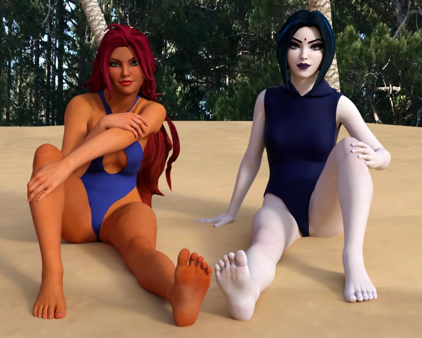3d bare_legs barefoot beach beast_boy breasts breasts_bigger_than_head cleavage dominatrix feet female female_domination female_only femdom foot_fetish foot_focus foot_lick foot_play foot_sniffing foot_worship footdom ginger huge_breasts humiliation legs legs_crossed pov_feet raven_(dc) sitting slave sole_female solemann soles starfire teen_titans terra_(dc) toes tropical