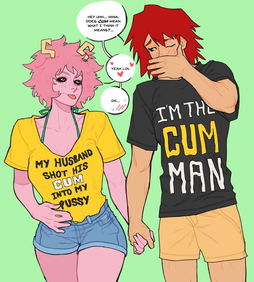 1boy 1girls ashido_mina black_sclera blush couple dialogue eijirou_kirishima embarrassed english_text female funny heart holding_hands horns kirishima_eijirou male male/female mina_ashido miss_booba my_hero_academia pink_hair pink_skin red_hair short_shorts shorts speech_bubble straight suggestive_dialogue suggestive_text t-shirt-meme thick_thighs