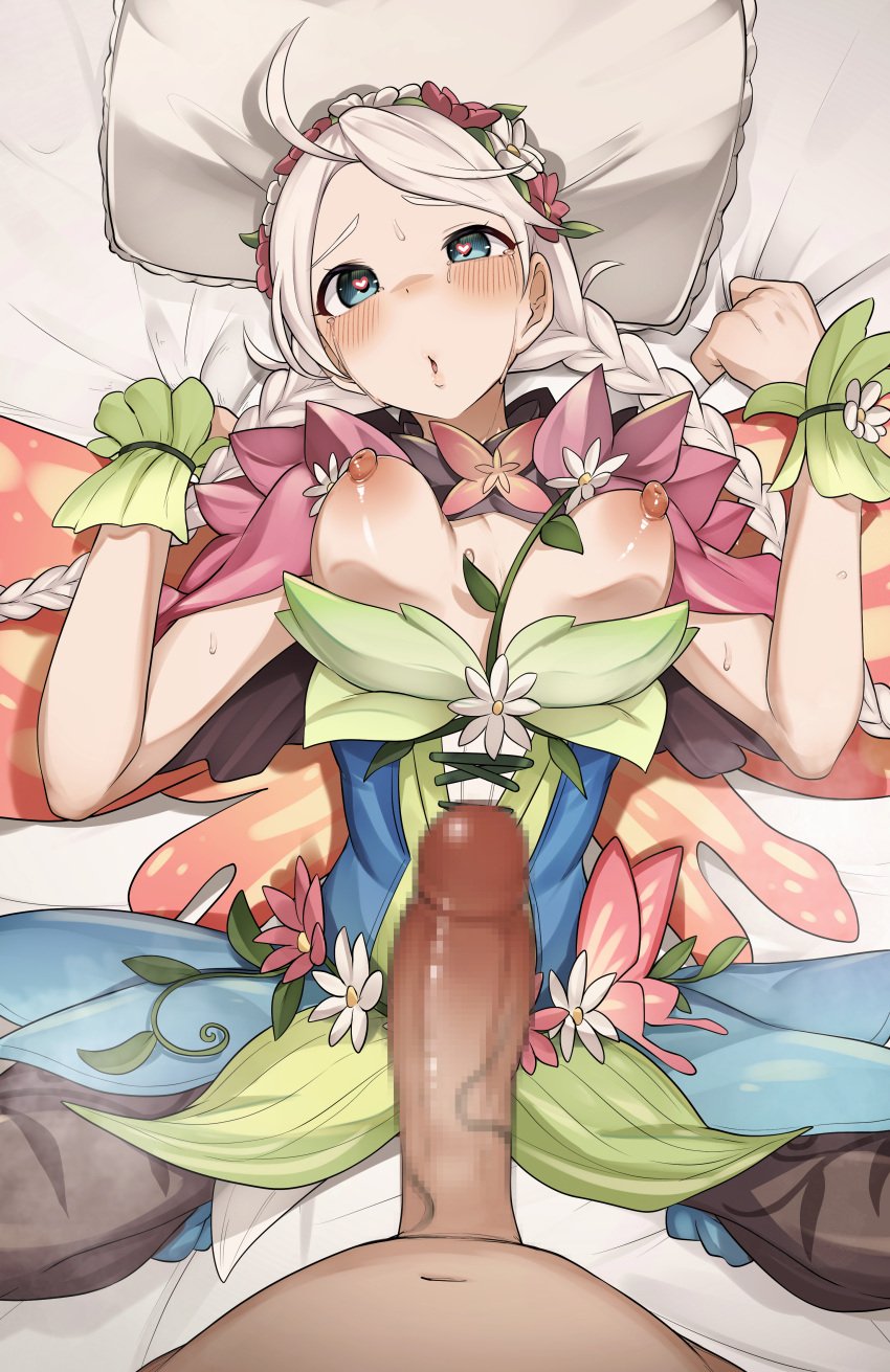 1boy 1girls :o ahoge alternate_costume bare_arms bed blue_eyes blush bouncing_breasts braid breasts breasts_out censored crying crying_with_eyes_open dress fairy fairy_wings female female_focus fire_emblem fire_emblem_fates fire_emblem_heroes flower grey_hair hair_flower heart-shaped_pupils kneeling long_hair looking_at_viewer male male_pov medium_breasts mosaic_censoring musk nina_(fire_emblem) nina_(resplendent)_(fire_emblem) nintendo nipples official_alternate_costume on_back on_bed open_mouth pantyhose penis penis_awe pillow pov r-man sheet_grab solo_focus spread_legs steaming_body sweat tears_of_joy twin_braids very_long_hair white_hair wings wrist_cuffs