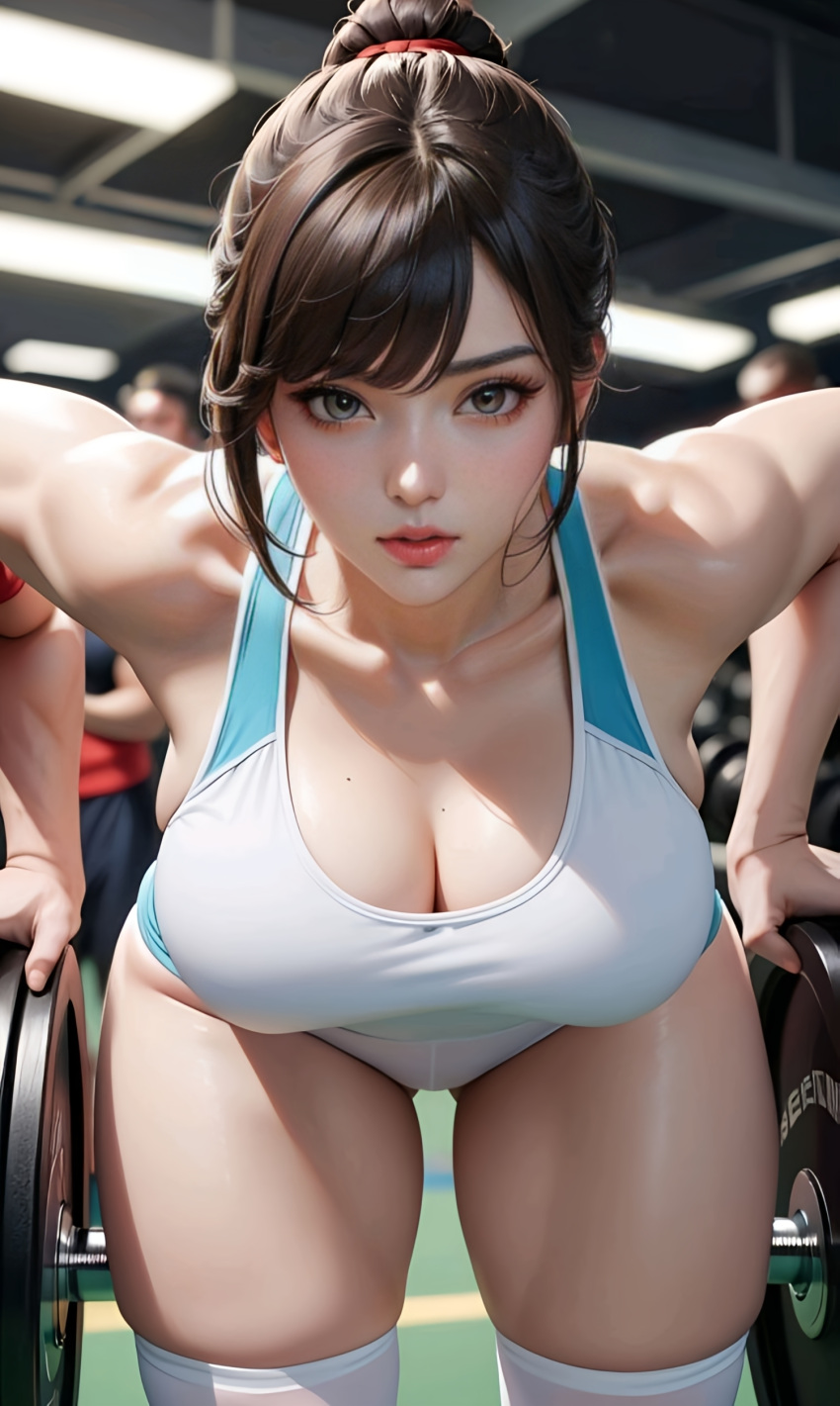 ai_generated bending_over big_breasts breasts front_view gym gym_clothes gym_clothing gym_uniform huge_breasts looking_at_viewer myaim original_character tagme thighs