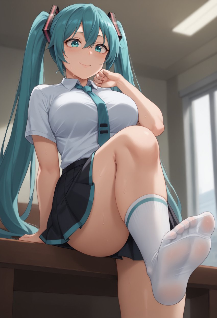 2d ai_generated aqua_eyes aqua_hair feet hatsune_miku idol school_girl shiroppo socks stomp stomping thighs tie vocaloid