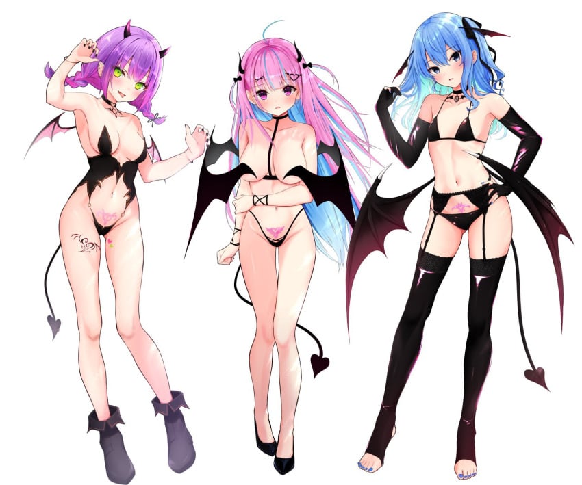 3girls absurd_res absurdres ahoge arm_above_head arm_gloves arm_up armpits arms_up bare_armpits bare_arms bare_belly bare_calves bare_chest bare_hands bare_hips bare_knees bare_legs bare_midriff bare_navel bare_shoulders bare_skin bare_thighs bare_torso belly belly_button black_arm_gloves black_bra black_bracelet black_bracelets black_choker black_fingernails black_garter_straps black_gloves black_hair_ribbon black_horn black_horns black_legwear black_leotard black_nail black_nail_polish black_panties black_ribbon black_shoes black_stockings black_tail black_thighhighs black_underwear black_wings blue_eyebrows blue_eyes blue_eyes_female blue_fingernails blue_hair blue_hair_female blue_nail blue_nail_polish blue_toenail_polish blue_toenails blush blushing_at_viewer blushing_female bra bracelet bracelets braid braided_twintails breasts choker cleavage cleft_of_venus collarbone covering covering_breasts covering_nipples covering_self curvy curvy_body curvy_female curvy_figure curvy_hips curvy_thighs demon_horn demon_horns demon_tail demon_wings dot_nose elbows embarrassed embarrassed_female embarrassed_nude_female ex_idol exposed exposed_armpits exposed_arms exposed_belly exposed_legs exposed_midriff exposed_shoulders exposed_thighs exposed_torso eyebrows_visible_through_hair feet female female_focus female_only fingernails fingers flat_belly flat_chest flat_chested full_body garter_straps gloves green_eyes green_eyes_female groin hair_between_eyes hair_ribbon half_naked hand_above_head hand_on_arm hand_on_hair hand_on_hip hand_on_own_arm hand_on_own_hair hand_on_own_hip hand_on_own_waist hand_on_waist hand_up hands_up head_tilt high_resolution highres hips hololive horn horns hoshimachi_suisei hourglass_figure knees knees_together knees_together_feet_apart large_breasts latex_clothing latex_gloves latex_panties latex_thighhighs legs legwear leotard light-skinned_female light_skin long_hair looking_at_viewer medium_breasts minato_aqua multiple_females multiple_girls nail nail_polish naked naked_female navel nervous nervous_expression nervous_face nervous_female nude nude_female open_mouth open_mouth_smile panties parted_lips petite petite_body petite_breasts petite_female petite_girl pink_eyebrows pink_eyes pink_eyes_female pink_hair pink_hair_female purple_eyebrows purple_hair purple_hair_female pussy revealing_clothes ribbon shoes shoulders shy shy_expression sideboob simple_background skimpy_clothes skinny skinny_female skinny_girl skinny_waist slender_body slender_waist slim_girl slim_waist small_breasts smile smiling smiling_at_viewer standing stockings succubus tail thick_thighs thigh_gap thighhighs thighs thin_waist tilted_head toenail_polish toenails tokoyami_towa tongue tongue_out twintails twintails_(hairstyle) underboob underwear upper_teeth v-line virtual_youtuber waist white_background wide_hips wings