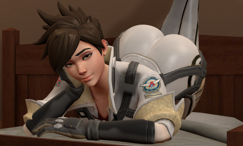 1girls 2017 3d alternate_costume ass bigboy4025 dat_ass female female_only gloves human laying_down looking_at_viewer overwatch posh_tracer solo thigh_strap tights tracer