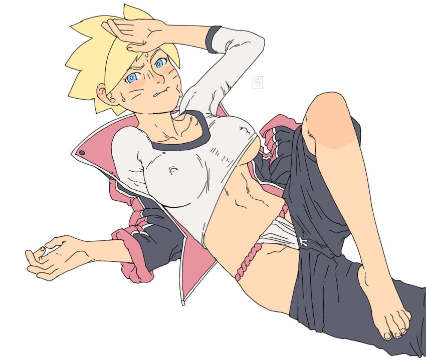 ac120 barefoot biting_lip black_jacket black_shorts blonde_hair blue_eyes blush boruko boruto:_naruto_next_generations clothes_lift clothes_pull collarbone collared_jacket covered_erect_nipples facial_mark feet female female_focus foot_out_of_frame fundoshi genderswap_(mtf) hand_on_forehead highres jacket japanese_clothes knee_up lying naruto naruto_(series) navel on_back open_clothes open_jacket rule_63 shirt shirt_lift short_hair shorts shorts_pull simple_background solo sweat toes uzumaki_boruto whisker_markings white_background white_shirt