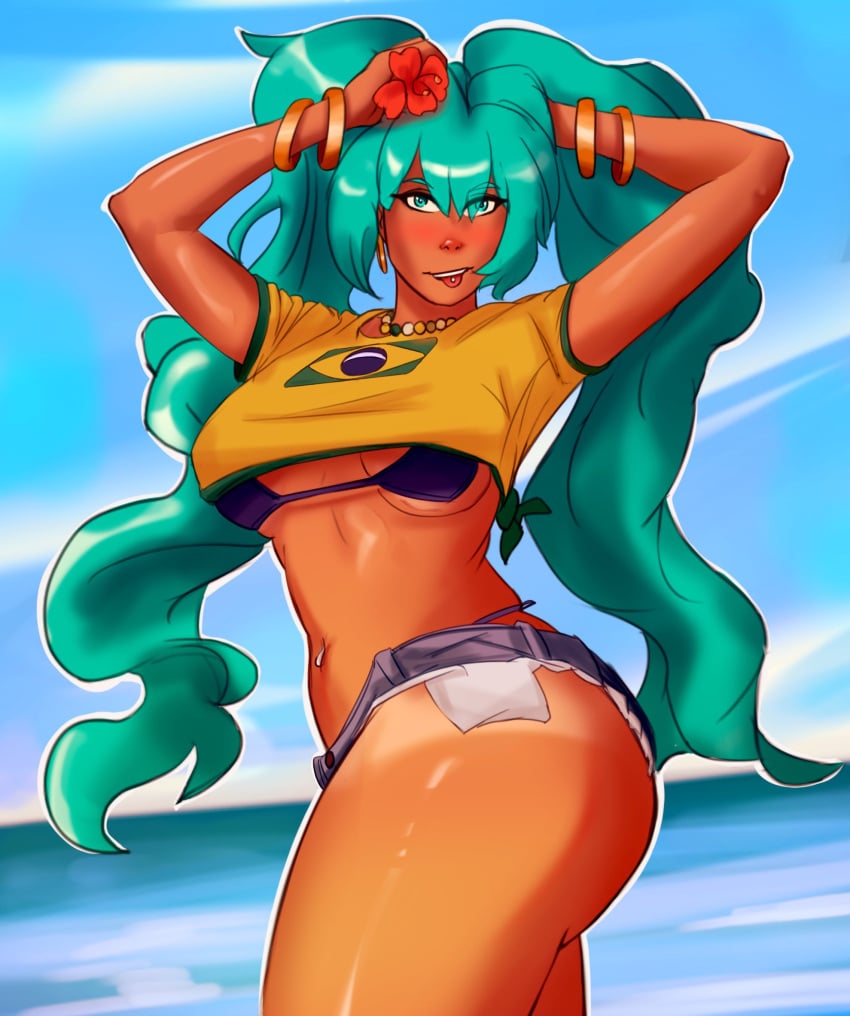 arms_up bare_midriff beach bikini bikini_tan blue_eyes bracelet brazil brazilian brazilian_female brazilian_miku busty crop_top daisy_dukes denim_shorts female female_focus female_only flower_in_hair hatsune_miku himerostechne hourglass_figure jean_shorts long_hair navel navel_piercing necklace outdoors outside piercing pinup pinup_pose short_shorts t-shirt tagme tan tan_body tan_skin tanline thong_bikini tongue tongue_out tongue_piercing twintails vocaloid wide_hips