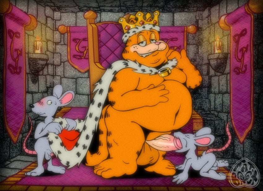 2024 all_fours anthro balls belly big_belly black_nose blush crown detailed_background erection fatback_hog garfield_(series) garfield_the_cat genitals group headgear hi_res king male male/male mammal moobs mouse murid murine nickelodeon oral overweight overweight_male penis rodent royalty