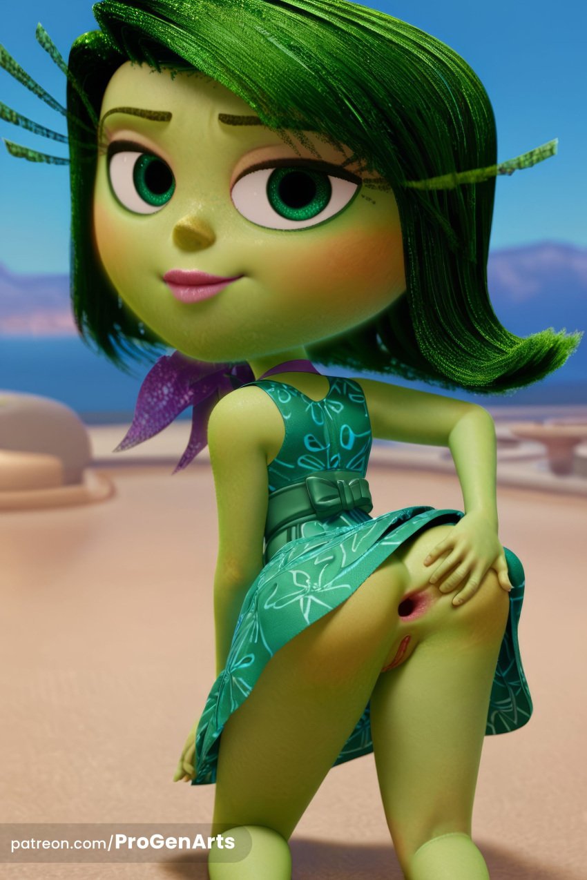 1girls accurate_art_style ai_generated anal ass_focus ass_grab ass_spread blush clothed_female clothing disgust disgust_(inside_out) disgusted dress female grabbing_ass grabbing_own_ass green_body green_eyes green_hair green_skin hand_on_ass hand_on_butt human indoors inside_out inside_out_2 large_head long_eyelashes looking_pleasured looking_up pink_lipstick pixar progenarts pussy scarf short_hair showing_off stripping