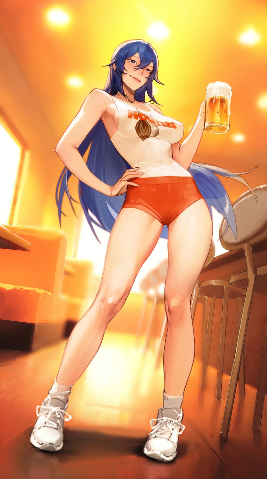 1girls absurdres alcohol alternate_breast_size alternate_costume armpits athletic_female bare_legs beer beer_mug blue_eyes blue_hair blurry blurry_background breasts ceiling_light closed_mouth counter cup female female_only fire_emblem fire_emblem_awakening fit_female hand_on_own_hip highres holding holding_cup hooters legs limart long_hair lucina_(fire_emblem) medium_breasts mug nintendo orange_shorts restaurant shoes short_shorts shorts sneakers solo stool table tank_top waitress white_tank_top