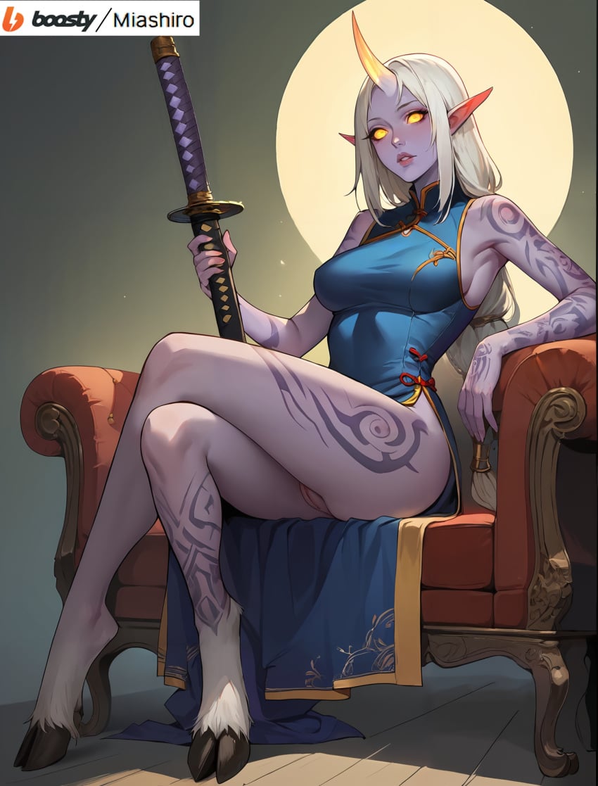 1girls ai_generated body_tattoo breasts cute large_breasts league_of_legends long_hair nipples nsfw nude purple_skin riot_games soraka tagme_(miashiro) white_hair