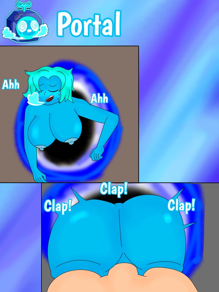 1boy 1girls anal anal_sex ass bbw blox_fruits blue_body breasts closed_eyes elpixol female fruit_humanoid ibispaintx male nipples open_mouth portal portal_sex reference_image roblox roblox_game self_upload sex sky_blue_hair tagme