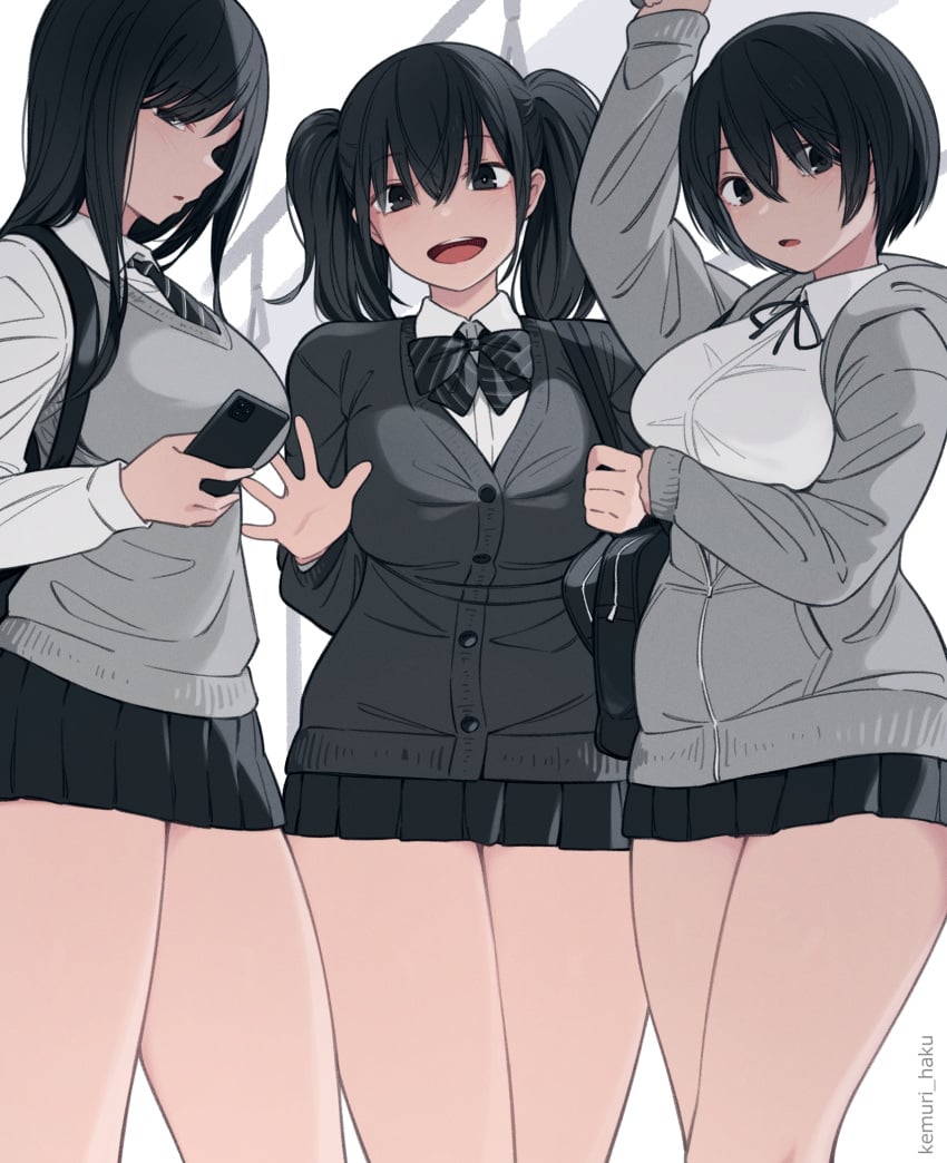 black_hair kemuri_haku large_breasts multiple_girls short_hair short_skirt twintails uniform