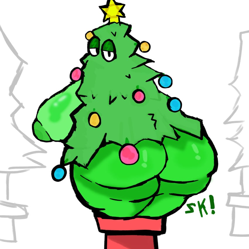 artist_signature ass_focus bedroom_eyes boobs_out breasts christmas christmas_decorations christmas_tree doodle el_sick fat_ass green_skin humanization looking_annoyed looking_at_viewer looking_back object_humanoid plant plant_girl thick_ass thick_thighs