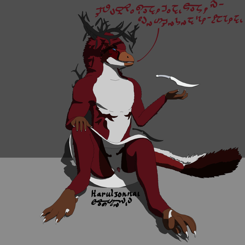 2_thumbs absurd_res animal_genitalia anthro antlers artist_name belly black_antlers black_markings blue_eyes bottomwear chest_markings claws clothed clothing constructed_language dagger demon digitigrade dragon facial_markings feathered_dragon feathered_scalie feathers feet flat_colors floating_antlers genital_slit genitals grinning_at_viewer half-erect head_markings hi_res horn karuljonnai looking_at_viewer male mane markings marthos melee_weapon multicolored_body mythological_creature mythological_scalie mythology penis penis_tip presenting red_body red_feathers scalie shaded shadow signature simple_background simple_shading sitting skirt solo tail tail_tuft talking_to_viewer talons tapering_penis teeth_showing telekinesis text threatening toes tuft upskirt weapon white_belly white_body white_bottomwear white_clothing white_feathers white_skirt