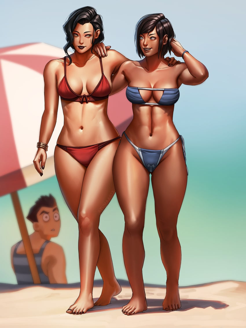 1boy 2girls absurd_res alluring alternate_breast_size arched_back artist_name artist_signature asami_sato ass athletic athletic_female avatar_legends azuma_yasuo azumaarts bare_back bare_legs bare_shoulders bikini black_hair blue_bikini blue_eyes blush breasts brown_hair canon_couple chocolate_and_vanilla cleavage closed_mouth couple cute dark-skinned_female dark_skin duo eye_contact female female_focus female_protagonist fit_female green_eyes hair_down head_tilt hi_res highres interracial interracial_yuri jealous korra large_breasts light-skinned_female light_skin lipstick long_hair looking_at_another looking_at_partner looking_to_the_side mako male medium_breasts mutual_yuri nickelodeon one-piece_swimsuit open_mouth pinup posing red_bikini sitting smile stroking_hair surprised swimsuit swimwear tanline tanlines the_avatar the_legend_of_korra thick_thighs thin_waist tomboy toned_female two_piece_swimsuit walking water water_tribe watermark yuri