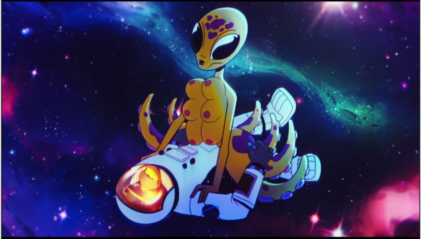 1boy 1girls 6_breasts agent_elvis alien alien_girl breasts bug_eyed chimpanzee clothed_sex hallucination intersex interspecies interspecies_sex nipples official_art orange_skin scatter_(agent_elvis) screencap screenshot sex sex_in_space space spacesuit spots tentacles