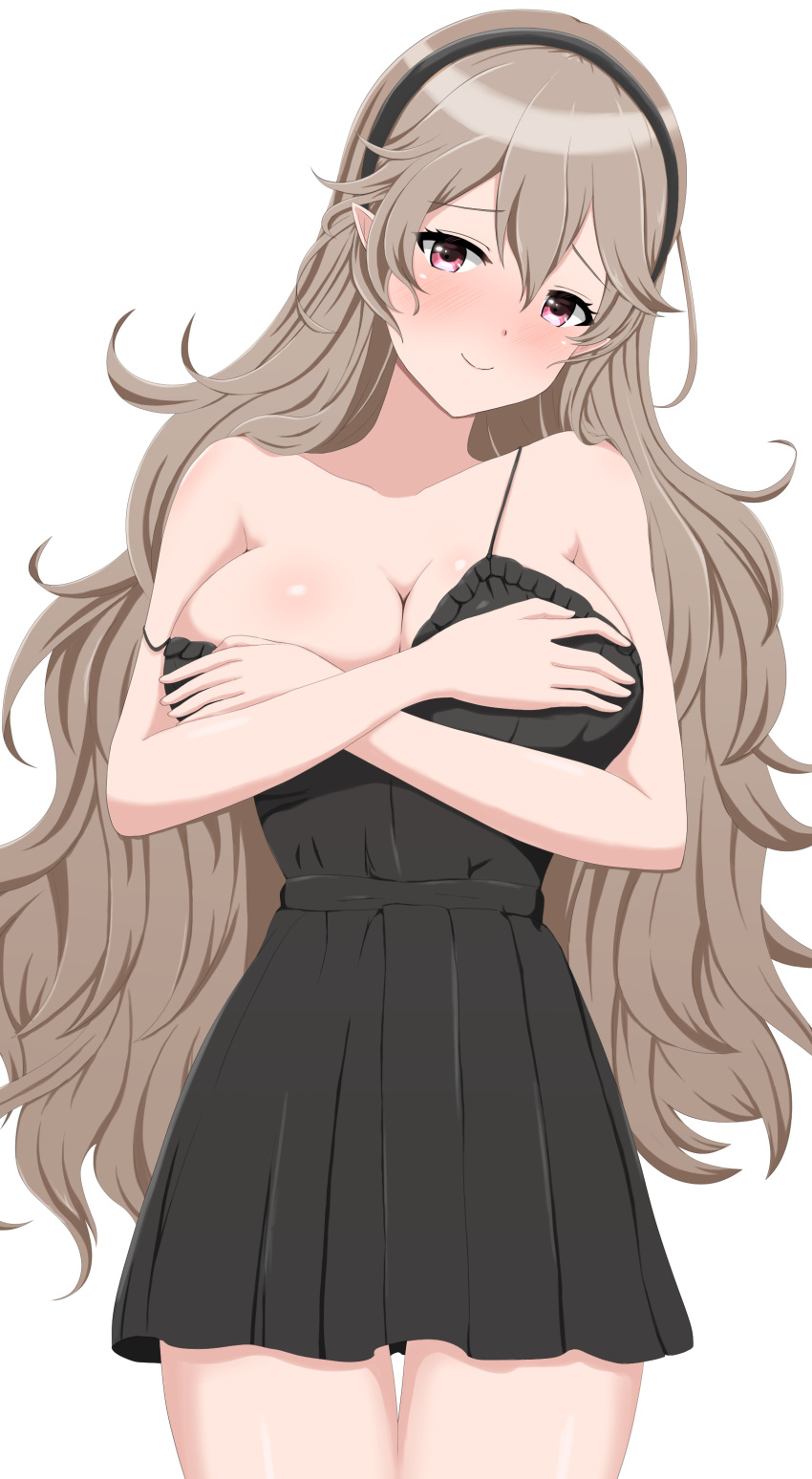 1girls absurdres bare_shoulders blush breasts brown_hair camisole cleavage corrin_(fire_emblem) corrin_(fire_emblem)_(female) covering_breast covering_breasts eyebrow_through_hair eyelashes female female_only fire_emblem fire_emblem_fates grey_eyes headband highres large_breasts lingerie long_hair looking_at_viewer nintendo off_shoulder patty_ojisan pointy_ears simple_background smile solo spaghetti_strap thigh_gap thighs underwear very_long_hair white_background