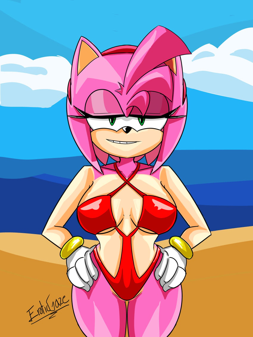 amy_rose big_breasts bikini bikini_bottom bikini_top eroticgaze female female_focus female_only pink_body pink_hair seductive_look