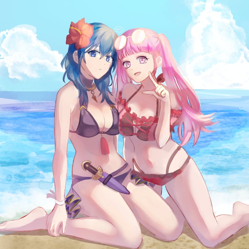 2girls alternate_costume bikini black_bikini black_swimsuit blue_eyes breasts byleth_(female)_(summer)_(fire_emblem) byleth_(fire_emblem) byleth_(fire_emblem)_(female) female female_only fire_emblem fire_emblem:_three_houses fire_emblem_heroes hilda_valentine_goneril hilda_valentine_goneril_(summer) hmk_3373 multiple_girls nintendo official_alternate_costume pink_bikini pink_swimsuit swimsuit teal_hair