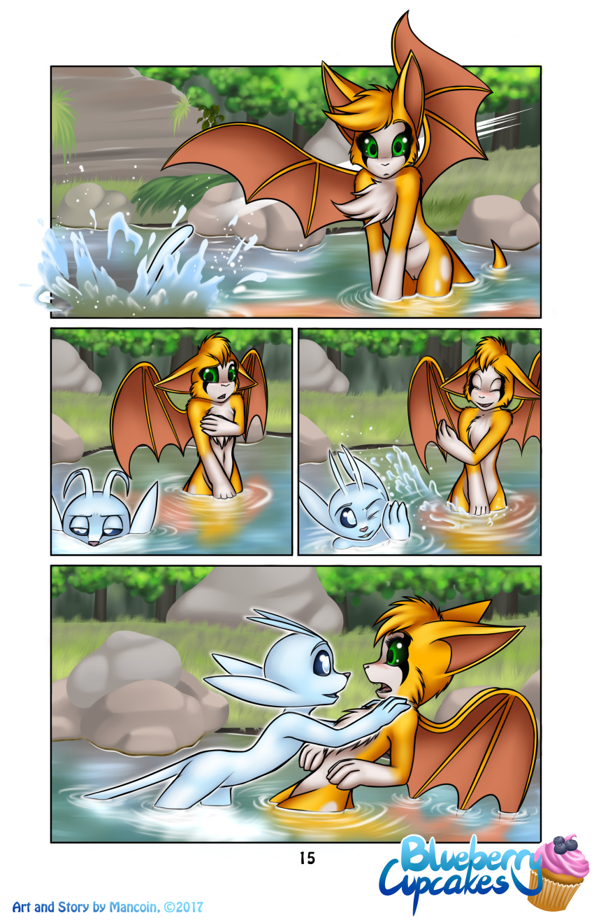 2017 5_fingers absurd_res anthro bath bathing blush chest_tuft closed_eyes comic covering covering_breasts covering_crotch covering_self day detailed_background dust:_an_elysian_tail female fidget forest fur grass green_eyes guardian_spirit hair highres looking_at_viewer male mammal mancoin membranous_wings nature navel nimbat nude open_mouth orange_fur ori ori_(series) ori_and_the_blind_forest outside partially_submerged pussy smile standing straight tree tuft video_games water wet white_fur wings