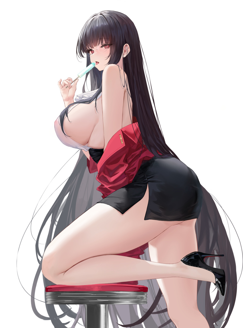 1girls absurdres alvitr_(azur_lane) alvitr_(muspel's_torrid_secrets)_(azur_lane) azur_lane backless_shirt bare_shoulders black_footwear black_hair black_skirt breasts cute cute_face dido_(magicc) female food from_side high_heels highres holding holding_food holding_popsicle iron_blood_(azur_lane) jacket large_breasts light-skinned_female light_skin long_hair looking_at_viewer nipples_visible_through_clothing off_shoulder official_alternate_costume pencil_skirt popsicle red_eyes red_jacket rimless_eyewear round_eyewear shirt sideboob sideless_shirt simple_background skirt solo thick_thighs thighs tongue tongue_out underbutt very_long_hair white_background white_shirt