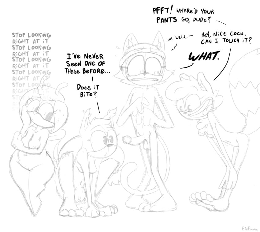 1boy 3girls balls breasts female jewel_the_beetle male monochrome nude penis sonic_(series) sticks_the_badger tagme tangle_the_lemur theenfman