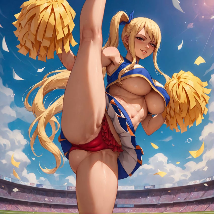 1girls abs ai_generated alex-schura armpits ass bangs bare_shoulders blonde_hair blue_sky blush breasts brown_eyes cameltoe cheerleader cheerleader_uniform clothing cloud completely_nude confetti crop_top crop_top_overhang crotch curvaceous curvaceous_female curvaceous_figure curvy curvy_figure day erect_nipples fairy_tail female female_focus female_only footwear frilled_panties frills high_kick holding_pom_poms kicking large_breasts leg_up legs long_hair looking_at_viewer lucy_heartfilia midriff miniskirt navel no_bra outdoors pantsu parted_lips patreon_username pleated_skirt pom_pom_(cheerleading) pom_poms ponytail red_panties shirt side_ponytail skirt skirt_lift skirt_pull sky smile solo split sportswear stadium standing standing_on_one_leg standing_split thick_thighs thighs tied_hair underboob underwear uniform upskirt viewed_from_below voluptuous voluptuous_female wind
