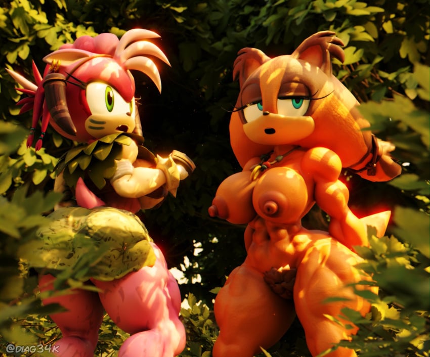 2girls 3d amy_rose anthro big_breasts diag34k female_only green_eyes jungle naked_female nipples pink_fur sonic_(series) sonic_boom sonic_prime sonic_the_hedgehog_(series) sticks_the_badger thick_thighs thorn_rose tribal_clothing