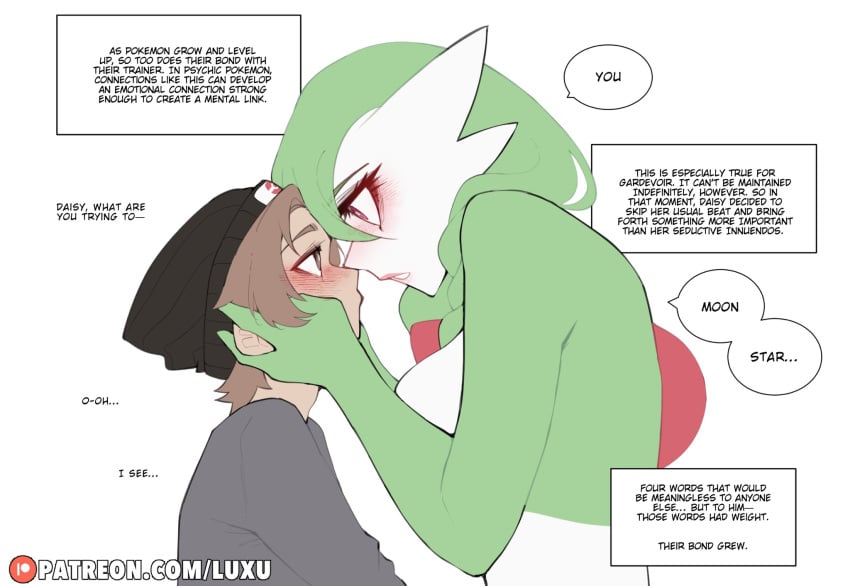 1boy 1girls anthro blush brown_eyes brown_hair daisy_(luxurias) dialogue english_text eye_contact face_grab female gardevoir generation_3_pokemon green_hair heavy_blush hi_res human luxurias male nintendo pink_lips pokémon_(species) pokemon pokemon_(species) red_eyes staring text_box white_background wholesome