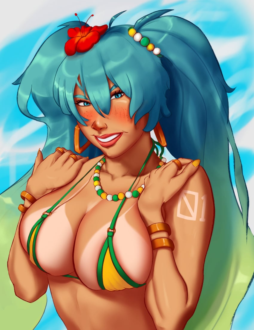 beach big_breasts bikini bikini_tan blue_eyes blush bracelet brazil brazilian brazilian_female brazilian_miku breasts breasts_pressed_together busty earrings female female_focus female_only flower_in_hair freckles hatsune_miku himerostechne hourglass_figure lipstick long_hair necklace outdoors outside tagme tan tan_body tan_skin tanline turquoise_hair twintails vocaloid